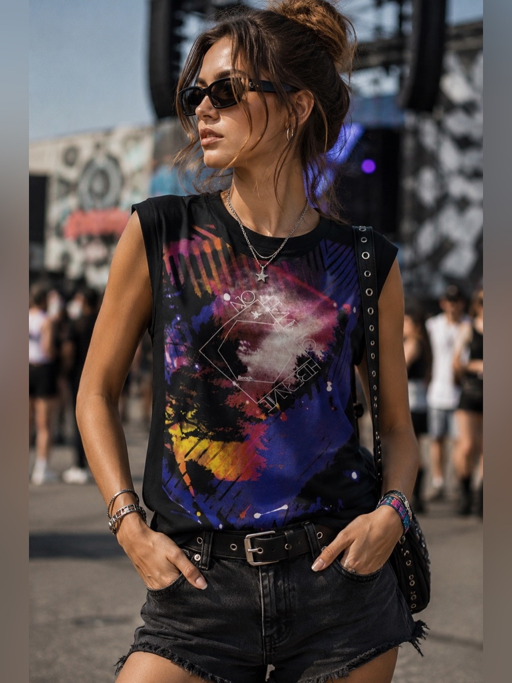 Bench Black and Blue Abstract Muscle Tee Size XS Festival Streetwear Minimalist